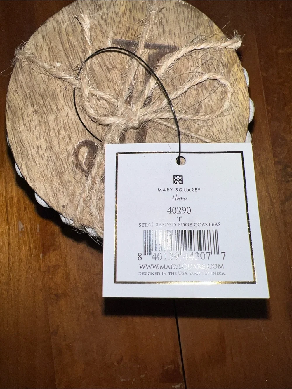 Mary Square Wooden Scalloped Coaster Set with Twine Tie - Natural Wood -set of 4